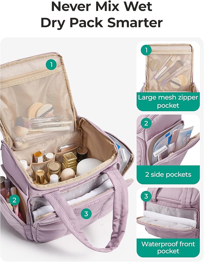 BAGSMART Toiletry Bag for Women with Dual-Padded Handles, Puffy Lightweight Makeup Bag for Makeup Accessories, Brushes Set, Travel-Sized Container, Camel