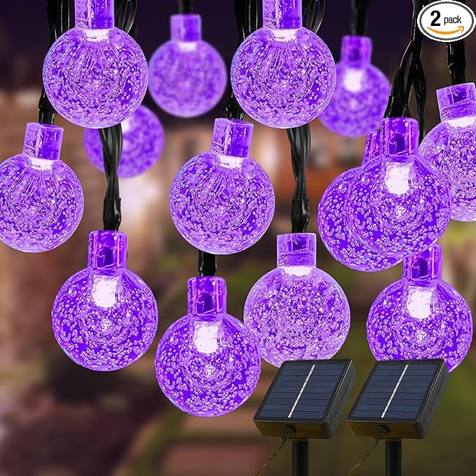 Solar Lights Outdoor Waterproof, 2 Pack Total 200LED 110FT Solar String Lights for Outside with 8 Modes, Outdoor String Lights Crystal Globe Patio Lights for Garden Yard Party Decor(Purple)