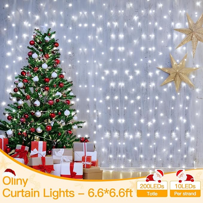 Ollny Curtain Lights 6.6x6.6ft, 200 LED White String Lights with Remote 8 Modes Dimmable Timer, USB Power Fairy Light for Bedroom Backdrop Indoor Wall Window Wedding Decor
