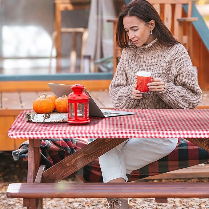 3 Pcs Plastic Picnic Table Cover Checkered Tablecloth Fitted Rectangular Table Cloth 30 x 72 Inch Vinyl Waterproof Flannel Backed with Elastic Rim for Indoor Outdoor Picnic Party