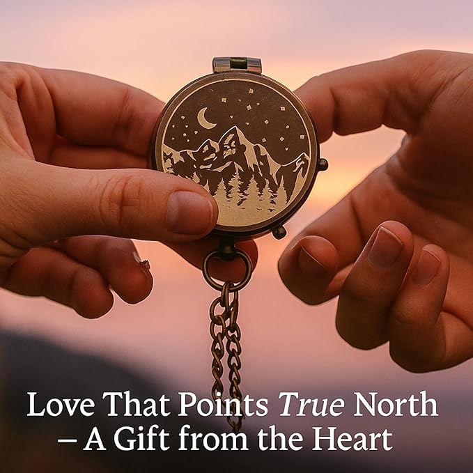 Engraved Compass Gift for Men – Vintage Brass Pocket Compass for Hiking, Adventure, and Travel – Antique Finish with Leather Case – Moon & Stars, or Road Design – Gift for Dad, Husband, or Son