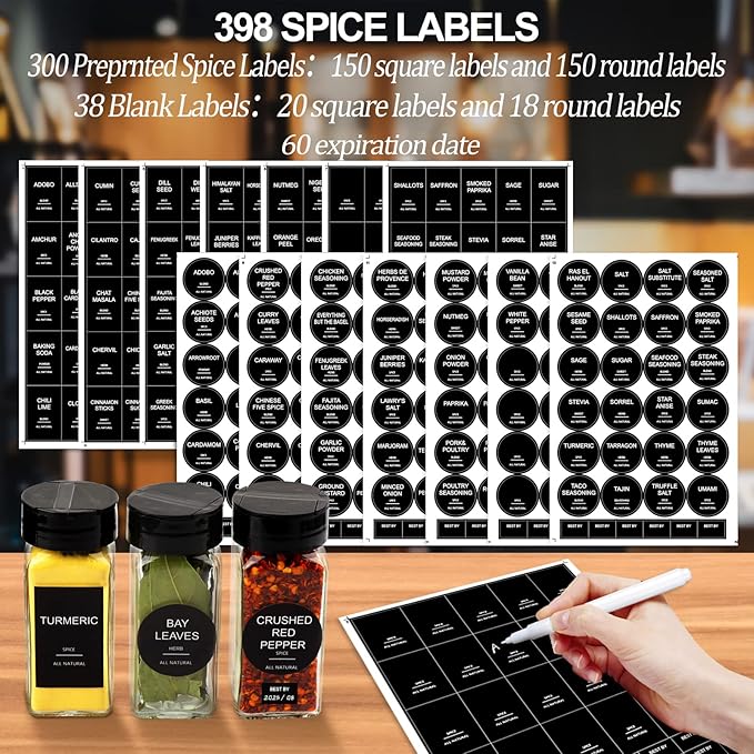 AISIPRIN Spice Jars with Lable, Glass Salt and Pepper Shakers Set, 24 Pcs Spice Botter with Shaker Lids, Ktchen Essentials Seasoning Organizer Containers, Included 398 Lables,Funnel, Brush, Marker