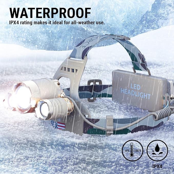 DanForce Camouflaged Headlamp Ultra Bright USB Rechargeable Head lamp. Tactical Head Flashlight Designed Especially for Hunting & Fishing. LED Headlamps LUMINUS 1080 Lumens Headlight with Red Light