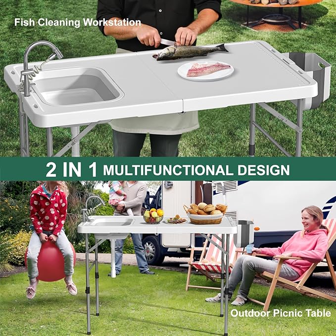Folding Fish Cleaning Table with Sink, 50"x27" Bi-Folding Portable Camping Sink Station with Drain Hose, Trash Can, Gloves and Cleaning Kits, Foldable Outdoor Sink for Camping, Fishing, BBQ