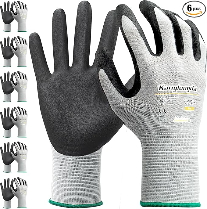 6-Paris XXL Work Gloves for Men and Women, Nitrile Coated Safety Protective Gloves with Grip, Ideal for Gardening, Warehouse, Mechanic, Light Duty Construction Work