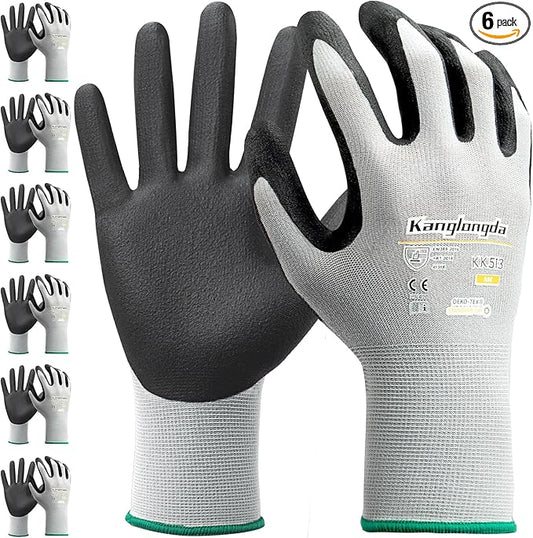6-Paris Medium Work Gloves for Men and Women, Nitrile Coated Safety Protective Gloves with Grip, Ideal for Gardening, Warehouse, Mechanic, Light Duty Construction Work