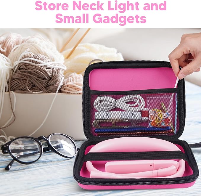 Pink Neck Light with Storage Case, 10-80Hrs Eye-friendly Book Reading Lamp, Knitting Crochet Sewing Craft Light Rechargeable Adjustable, Christmas Birthday Gifts for Book Lovers Knitters Crafters