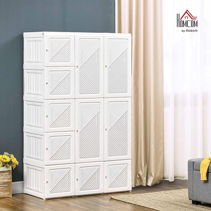 HOMCOM Portable Wardrobe Closet, Folding Clothes Storage Organizer with 8 Cube Compartments, 2 Hanging Rods, 11 Magnet Doors, White