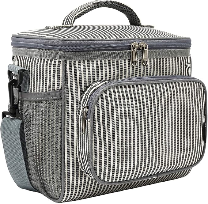 FlowFly Insulated Reusable Lunch Bag Adult Large Lunch Box for Women and Men with Adjustable Shoulder Strap,Front Zipper Pocket and Dual Large Mesh Side Pockets,Stripes