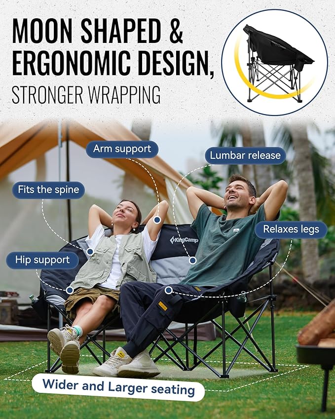 KingCamp Double Camping Chair, Oversized Heavy Duty Loveseat for Adults Portable Folding XL 2 Person Couch Padded Comfortable Two Seat with Cup Holder for Outdoor Lawn Backyard