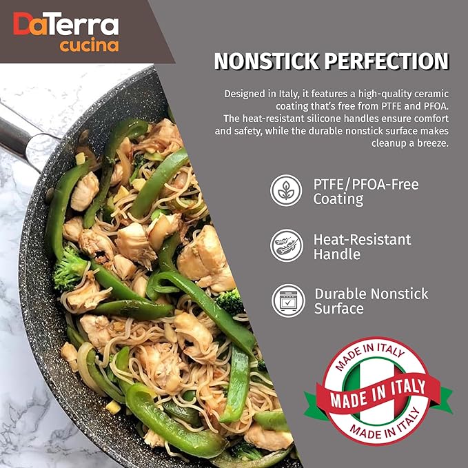 DaTerra Cucina - 13" Nonstick Ceramic Wok with Lid - Made in Italy - High Heat Resistant Nonstick Cookware - Oven Safe, PTFE, Cadmium, Lead & PFOA free - Volcanic Black Speckled