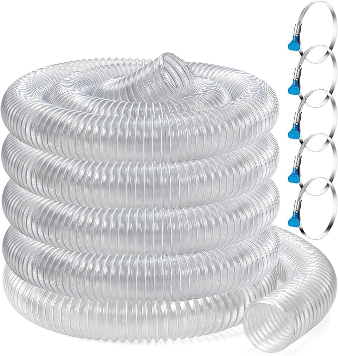 2 1/2 x 20’ Heavy Duty PVC Clear Flexible Dust & Fume Collection Hose with Carbon Steel Wire Coil, Puncture Resistant Hoses for Collectors