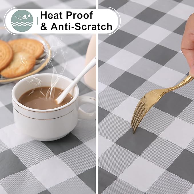 misaya Round Waterproof Vinyl Table Cloth, Buffalo Flannel Backed Tablecloth, Wipeable Plastic Table Cover for Dinner, Kitchen, Picnic (60", Grey and White)