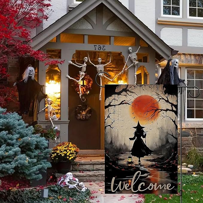 Halloween Garden Flag for Outside 12x18 Inch Double Sided, Witch Small Yard Flags for Outside, Outdoor Welcome Flag Front Porch Decorations for Home