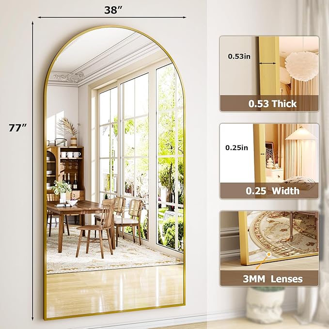 77" x 38" Arched Full Length Mirror with Gold Aluminum Frame - Oversized Floor Mirror for Bedroom, Living Room & Gym - Wall Mounted/Standing/Leaning Design