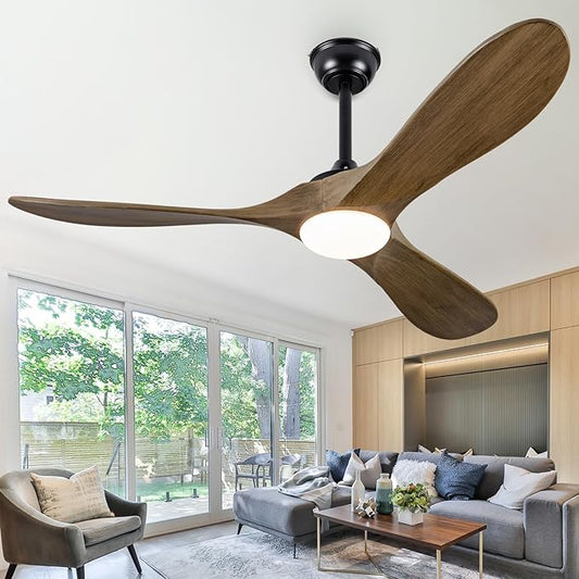 52 Inch Ceiling Fans with Lights and Remote,3 Blades Outdoor Wood Rustic Propeller Grey Ceiling Fans,Quiet Noiseless DC Motor,for Farmhouse,Living Room,Bedroom,Indoor