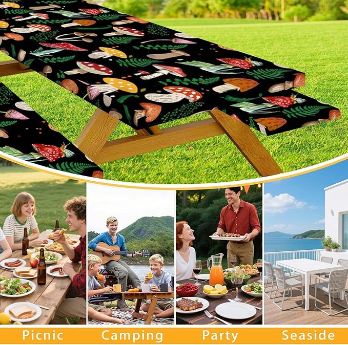 JAWO Black Picnic Table Cover with Bench Covers Elastic Edges Camping RV Essentials Waterproof Windproof Outdoor Fitted Tablecloth Rectangle Camping Tables and Seats, 30x72in