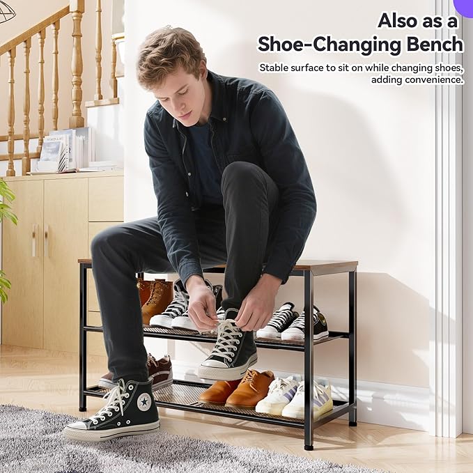 Shoe Rack for Closet, 3 Tier Shoe Organizer for Entryway, Freestanding Metal Storage Shoe Shelf with Wood Top, 8-12 Pairs of Shoes, Rustic Brown Black