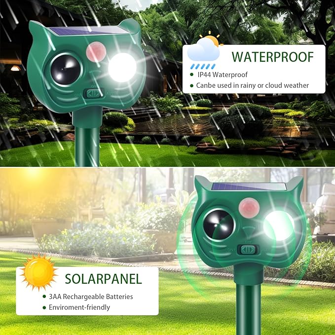 4Pack Solar Ultrasonic Animal Repellent, Cat Repeller Outdoor, Waterproof Deer Deterrent Devices with Motion Sensor to Scare Squirrel Rabbit Raccoon Skunk with White&Red LED Flash Lights for Yard