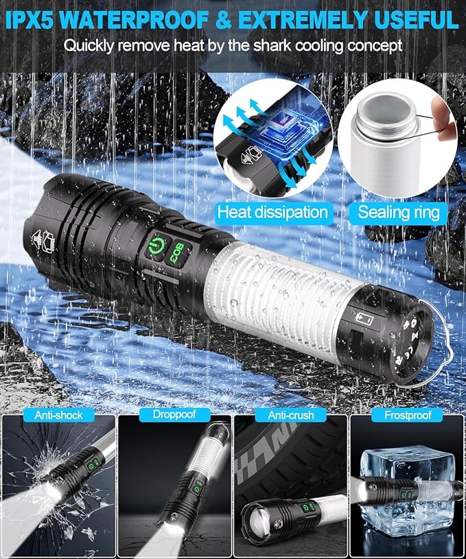 Flashlights High Lumens Rechargeable- Super Bright Tactical LED Flashlight,Powerful USB C Flash Light with 360°COB Light, Long Beam 3280Ft,7 Modes,Waterproof Handheld Flashlight for Emergency