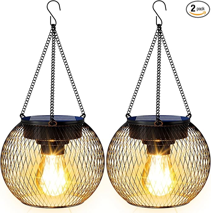 Solar Lanterns Outdoor Waterproof 2 Pack, 13.45" Metal Solar Hanging Lights with Hooks & Auto On/Off, Brighter Warm Outdoor Hanging Lantern Lighting for Porch Garden Yard Pathway Decor