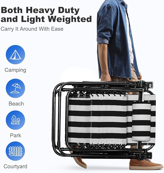 Nazhura Set of 2 Relaxing Recliners Patio Chairs Adjustable Steel Mesh Zero Gravity Lounge Chair Beach Chairs with Pillow and Cup Holder Khaki (Black/White Stripe)