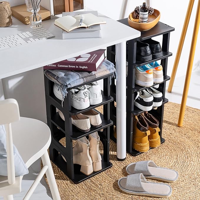 TRZZ 8-Tier Small Shoe Rack, Vertical Narrow Stackable Organizer with Removable Partition, Efficient Shoe Storage for Closet, Entryway, and Small Spaces (Black)