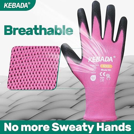 Kebada W1 Work Gloves Women, PU Coated Safety Gloves with Grip, Touchscreen, Ideal for Warehouse Package Handling, Construction, Gardening, Pink X-Small