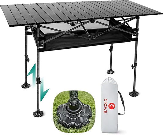 Height Adjustable Camping Table Tall Large Outdoor Folding Camping Table with Wide-Base Anti-Sink Legs & Carry Bag for Camping BBQ Beach Backyard (Black)