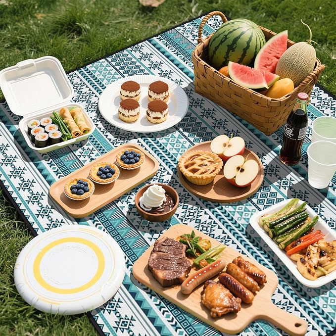 Extra Large Picnic Outdoor Blanket 60''x80'' Teal Blue Tribal Stripes Waterproof and Sandproof Picnic Mat for Beach Foldable Camping Accessories for Grass Lawn Park