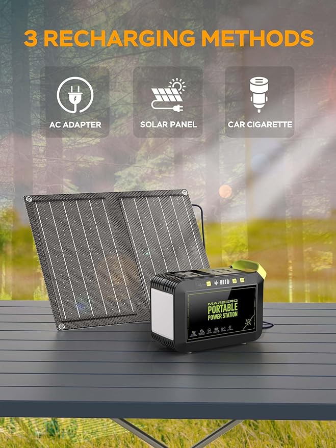 MARBERO Camping Solar Generator 88Wh Portable Power Station 120W Peak Generator with Solar Panel Included 21W, AC, DC, USB QC3.0, LED Flashlight for Outdoor Home Camping Fishing Emergency Backup