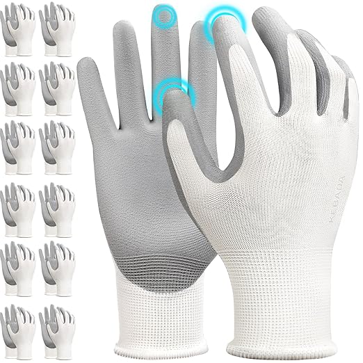 Kebada W1 Work Gloves for Men and Women, 12 Pairs Touchscreen Safety Gloves with Grip, PU-Coated, Ideal for Light & Medium Duty Tasks, White, Large