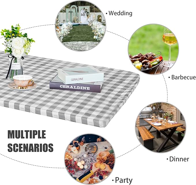 Fitable Checkered Picnic Table Cover Waterproof Vinyl Fitted Table Cover Flannel Backing Outdoor Indoor Tablecloth 30"x96" for Picnic, Travel, Holiday, Party, Folding Table, Silver Grey