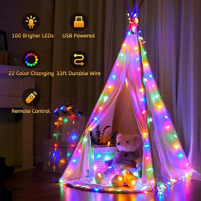 Minetom USB Star String Lights - 33 ft 100 LED Color Changing Star Fairy Lights with Remote and Timer, 16 Single Colors and 7 Modes Starry Lights for Bedroom Dorm Tent Bed Patio Christmas Party Indoor