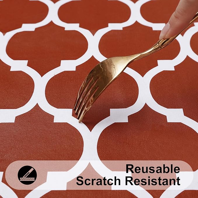 Smiry Rectangle Picnic Table Cover, Waterproof Elastic Fitted Camping Tablecloths for 4 Foot Tables, Wipeable Flannel Backed Vinyl Tablecloth Protector for Indoor, Outdoor (Rust, 30x48 Inches)