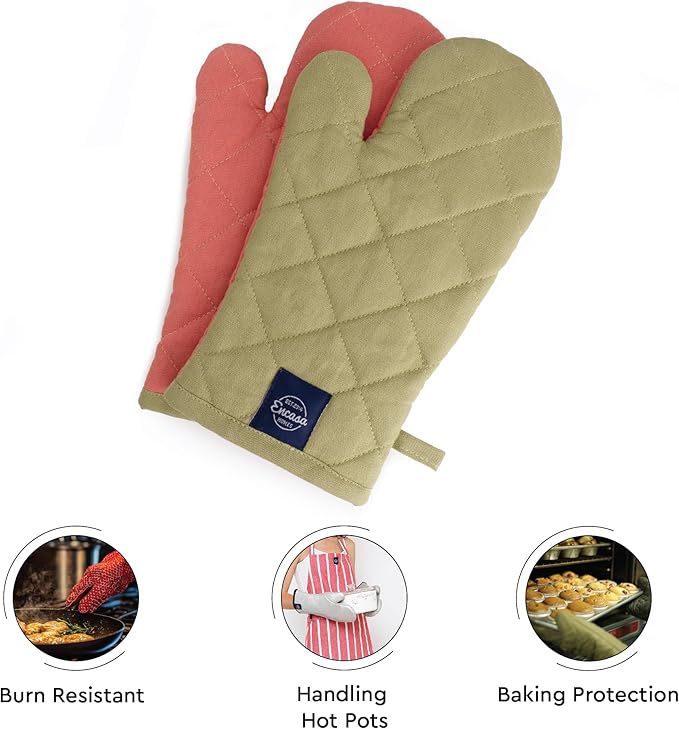 Encasa XO Heat Resistant Cotton Oven Gloves Mitts (2 Pc Set) - Quilted & Safe 12x6.6 in - for Kitchen, Cooking & Baking, Grilling, Handling Hot Pots & Pans - Sage & Coral