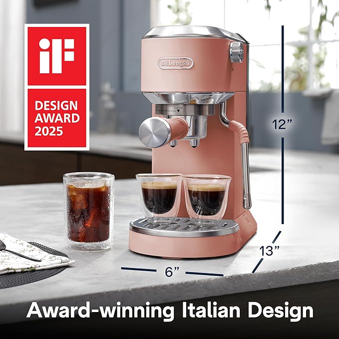De'Longhi Dedica Duo Compact Espresso Machine - Cold Brew Coffee Maker with Milk Frother Wand- for Espresso, Hot & Iced Coffee, Cappuccinos, Lattes & Home Barista Brewing, Rosé Pink