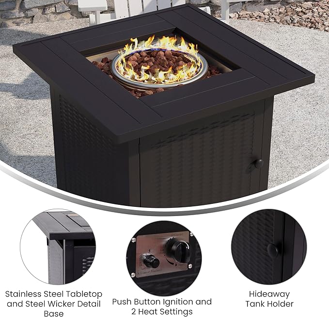 EMMA + OLIVER Calder Fire Table - Black Steel Base - Wicker Detailing - Stainless Steel Top - Removable Lid - Includes Lava Rocks - Hideaway Tank Holder