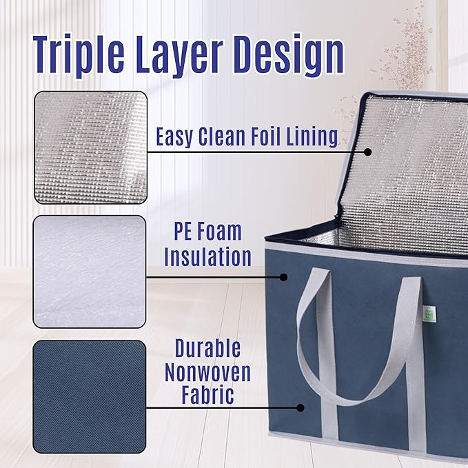 VENO 2 Pack Cooler Bag and Insulated Grocery Bags for Food Delivery, Collapsible Cooler, Reusable Shopping Bags for Groceries with Zipper, Foldable, Heavy-Duty, Stands Upright (Dark Blue, 2 Pack)