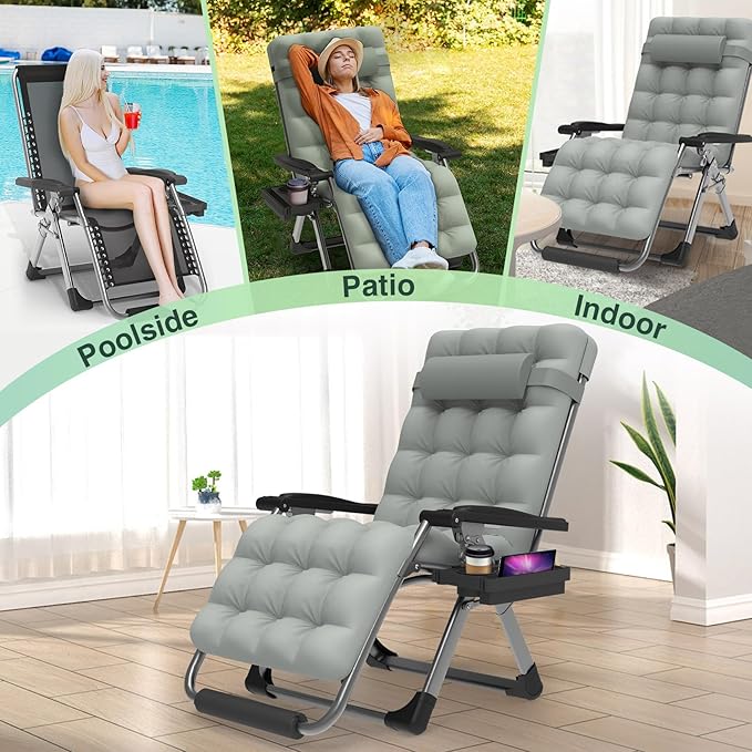 Suteck Oversized Zero Gravity Chair,29In XL Lounge Chair w/Removable Cushion&Headrest, Reclining Camping Chair w/Upgraded Lock and Footrest, Reclining Patio Chairs Recliner for Indoor Outdoor