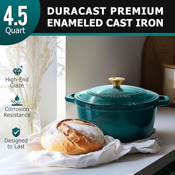 MÜELLERHOME 4.5 QT Enameled Cast Iron Dutch Oven, Heavy-Duty Casserole Dish and Braiser Pan with Lid, Oven-Safe up to 500° F & Across All Cooktops, Housewarming Gifts New Home, Emerald