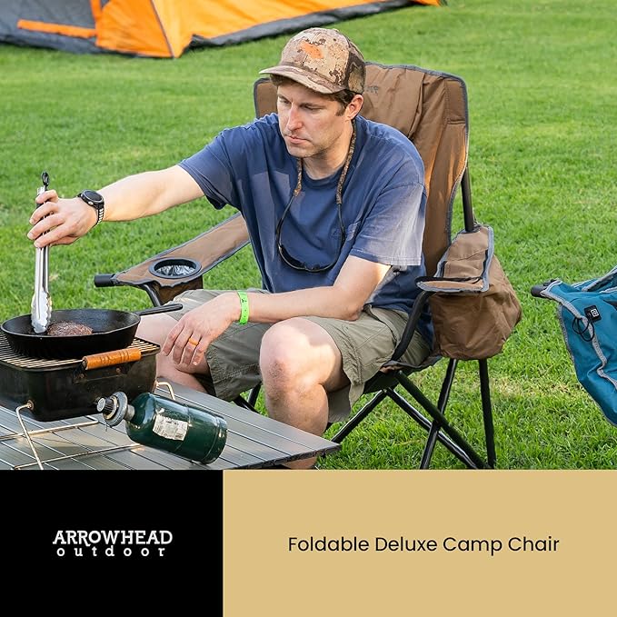 ARROWHEAD OUTDOOR Portable Folding Camping Quad Chair w/ 6-Can Cooler, Cup & Wine Glass Holders, Heavy-Duty Carrying Bag, Padded Armrests, Headrest & Seat, Supports up to 550lbs, USA-Based Support