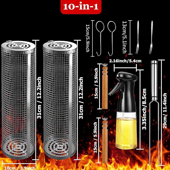 Rolling Grilling Baskets for Outdoor Grill Bbq Net Tube Stainless Steel Large Round Mesh Barbecue Accessories Must Have Cylinder Cage Picnic Gear Cooking Camping Basket for Veggies Vegetable Fish