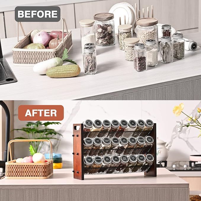 Spice Rack, Spice Rack Organizer without Seasoning Jars, Wooden Rustic 3 Tier Kitchen Spice Organizer Shelf for Cabinet, Countertop or Wall Mount