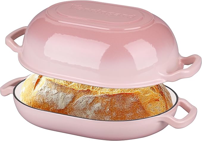 Enameled Cast Iron Sourdough Bread Oven, Dutch Oven, Loaf Cast Iron Bread Pan for Homemade Bread Baking, Meatloaf Pan with Lid, 7QT, Pink