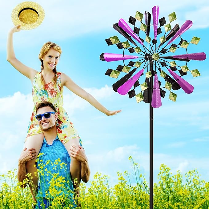Large Wind Spinners Outdoor, 23.6" W x 79.4" H Metal Yard Wind Sculptures, 360 Degrees Kinetic Spinner Windmills Garden Art Decor Pinwheels for Outside Patio Lawn (Purple+Green)