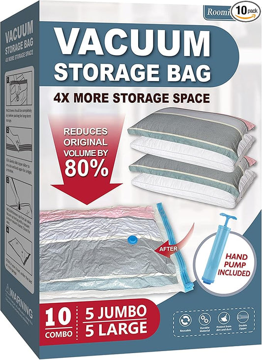 10 Pack Vacuum Storage Bags with Pump, 5 Jumbo and 5 Large Space Saver Vacuum Storage Bags, Vacuum Seal Bags for Clothing, Comfoters, Pillows, Blanket, Bedding