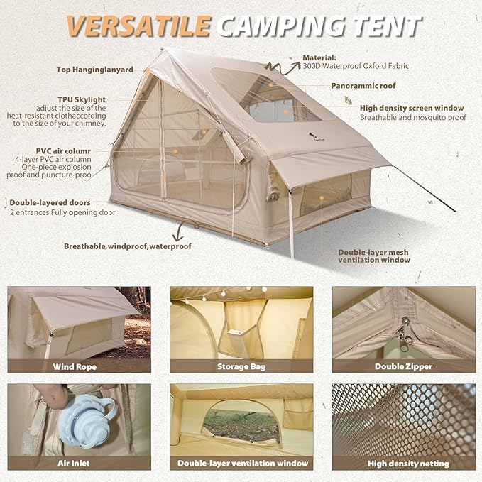 GEERTOP Inflatable Tent for Camping, Large Instant Blow Up Waterproof Glamping Tent House with Stove Jack for Family 4 Person Adult