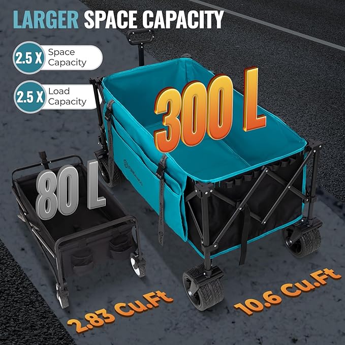 FUNDANGO 600lbs Heavy Duty Wagon, Foldable Beach Collapsible Wagons Garden Cart with Brakes, Side Pockets & All-Terrain Big Wheels for Sports Camping Shopping Groceries, Black/Blue