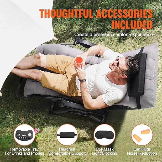 VEVOR Zero Gravity Chair, 33 inch Zero Gravity Recliner Lounge Chair for Indoor and Outdoor, Adjustable Anti Gravity Chair with Cushion, Headrest, Footrest, and Cupholder, 500 lbs, Gray